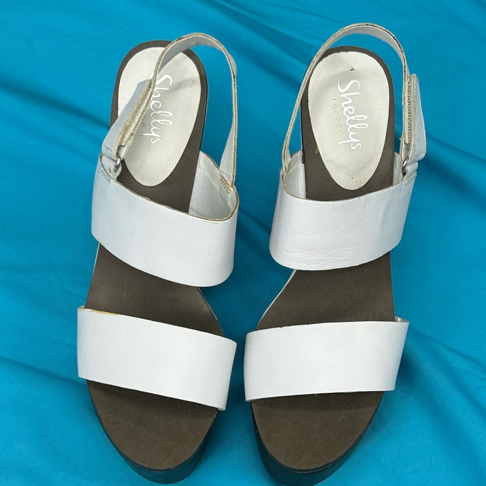 Shellys London White and Black Color Block Platform Wedge Heel Sandal sz 9